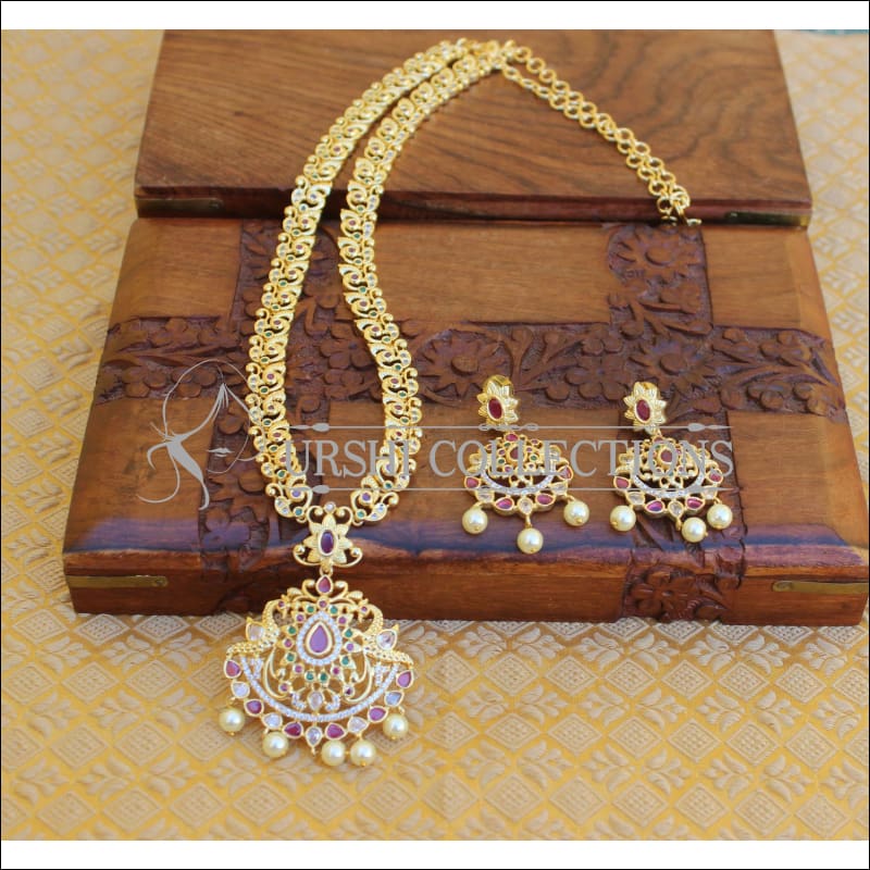 DESIGNER GOLD PLATED CZ PEACOCK LONG NECKLACE SET UTV204 - Necklace Set