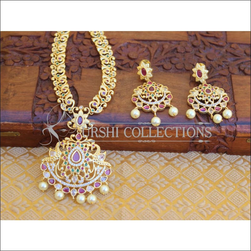 DESIGNER GOLD PLATED CZ PEACOCK LONG NECKLACE SET UTV204 - Necklace Set