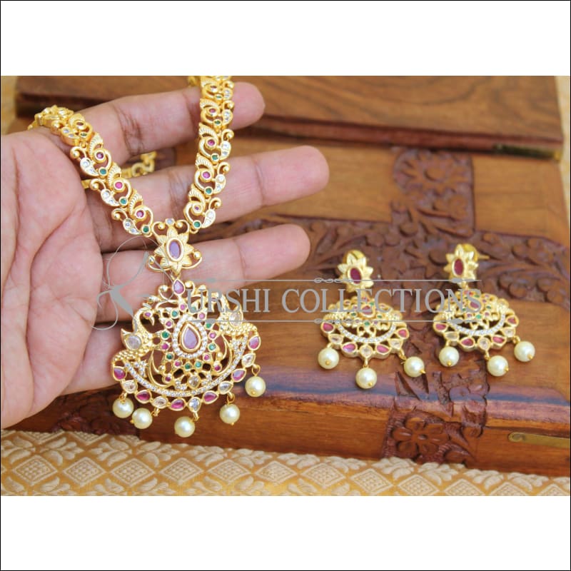 DESIGNER GOLD PLATED CZ PEACOCK NECKLACE SET UTV205 - Necklace Set