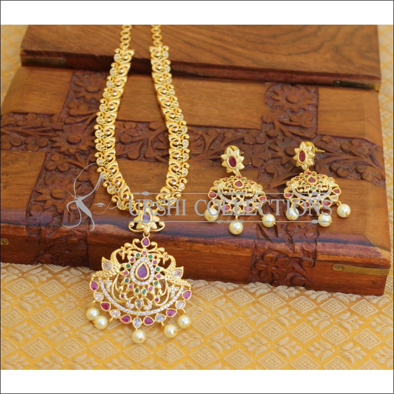 DESIGNER GOLD PLATED CZ PEACOCK NECKLACE SET UTV205 - Necklace Set