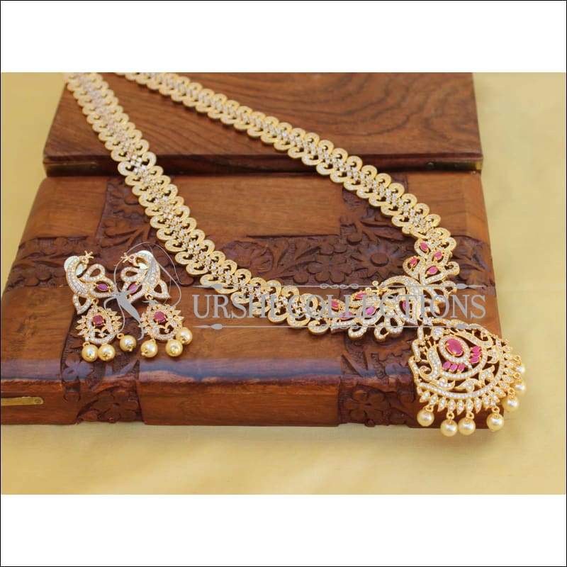 DESIGNER GOLD PLATED CZ PEACOCK NECKLACE SET UTV455 - Necklace Set