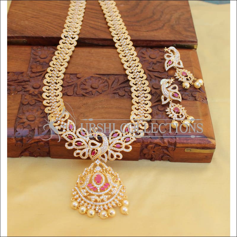 DESIGNER GOLD PLATED CZ PEACOCK NECKLACE SET UTV455 - Necklace Set