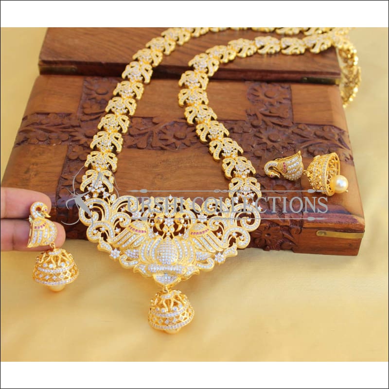 DESIGNER GOLD PLATED CZ PEACOCK NECKLACE SET UTV460 - Necklace Set