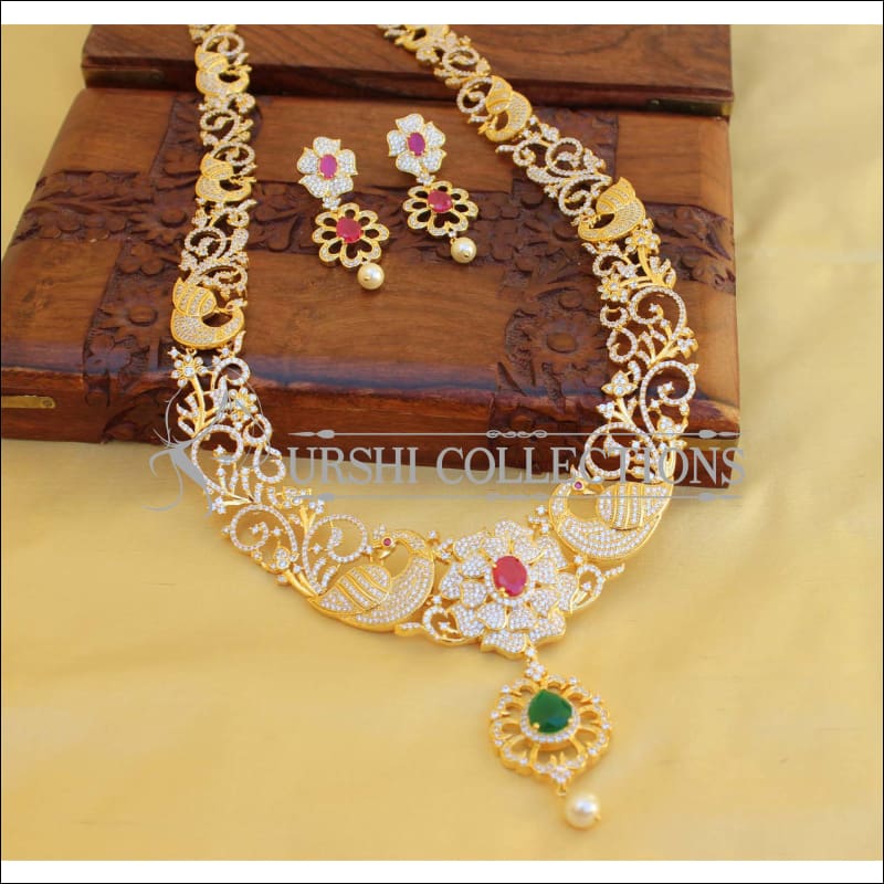 DESIGNER GOLD PLATED CZ PEACOCK NECKLACE SET UTV462 - Necklace Set