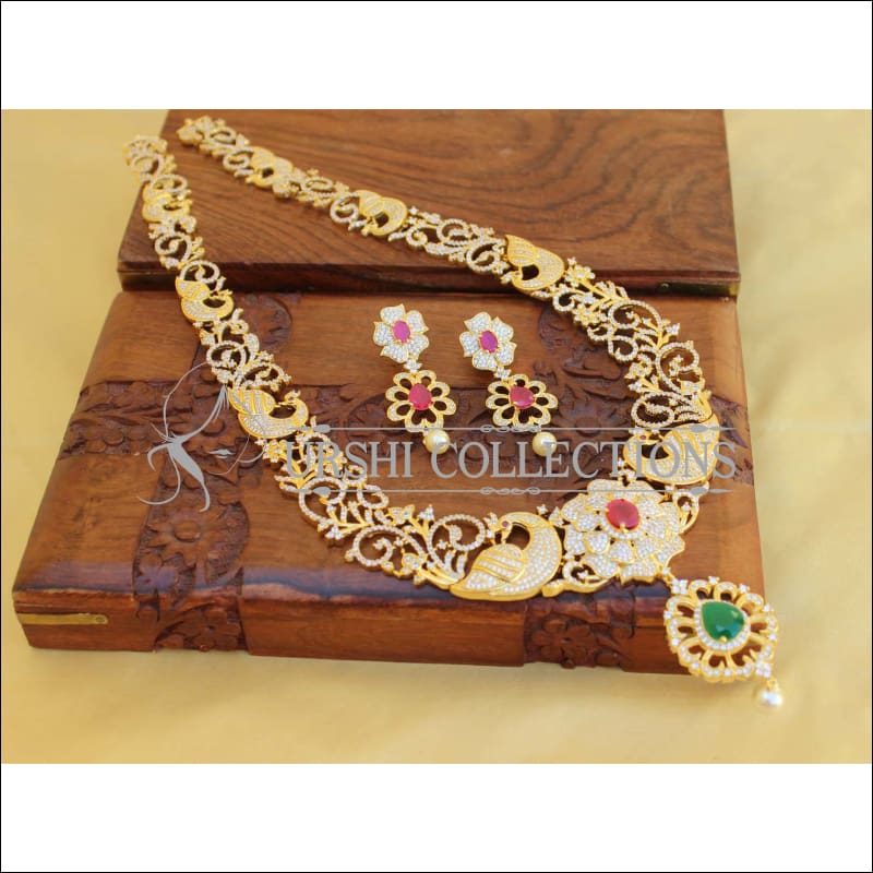 DESIGNER GOLD PLATED CZ PEACOCK NECKLACE SET UTV462 - Necklace Set