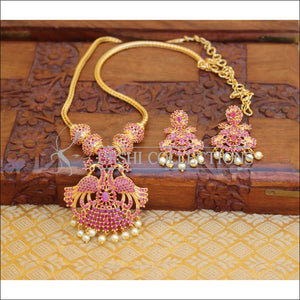 DESIGNER GOLD PLATED CZ PEACOCK NECKLACE SET WITH SCREW BACK EARRINGS UTV651 - RUBY - Necklace Set