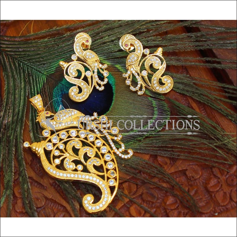 Designer Gold Plated CZ Peacock Pendant Set UC-NEW1828 - White - Pendant Set