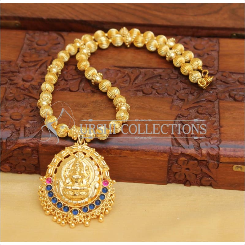 DESIGNER GOLD PLATED HAND MADE TEMPLE NECKLACE UC-NEW2868 - BLUE PINK - Necklace Set