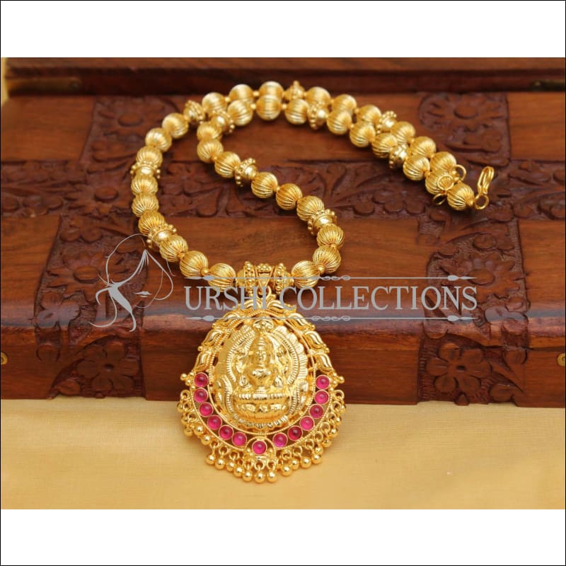 DESIGNER GOLD PLATED HAND MADE TEMPLE NECKLACE UC-NEW2868 - RED - Necklace Set