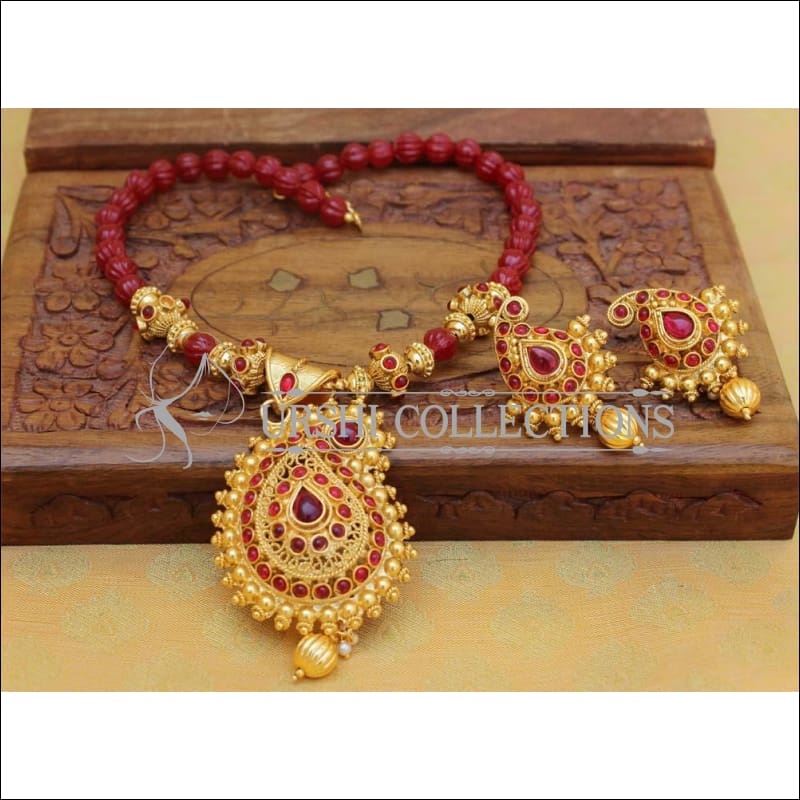 Designer Gold Plated Handmade Mango Necklace Set UC-NEW2787 - Red - Necklace Set