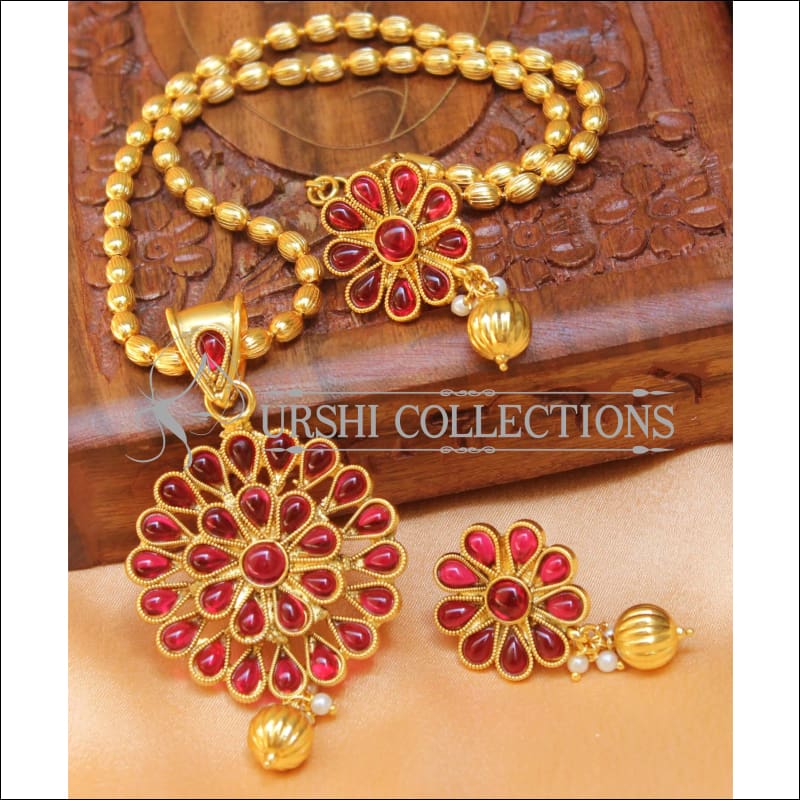 Designer Gold Plated Kempu Pendant Set UC-NEW2609 - Red - Pendant Set