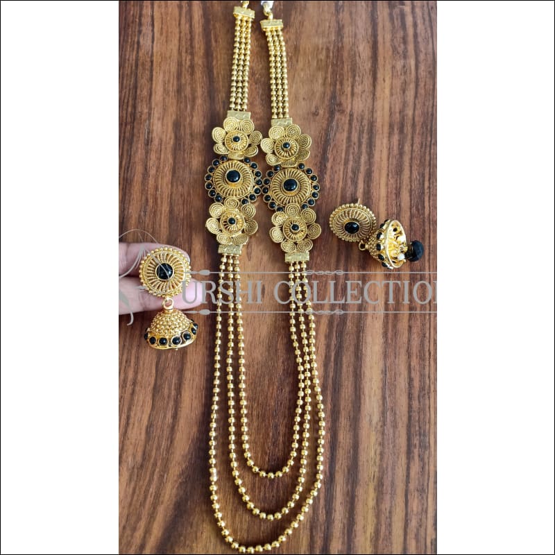 DESIGNER GOLD PLATED MULTY LAYER NECKLACE SET UTV891 - BLACK - Necklace Set