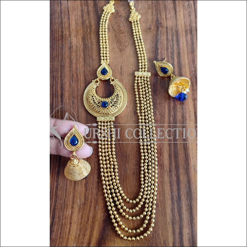 DESIGNER GOLD PLATED MULTY LAYER NECKLACE SET UTV895 - BLUE - Necklace Set