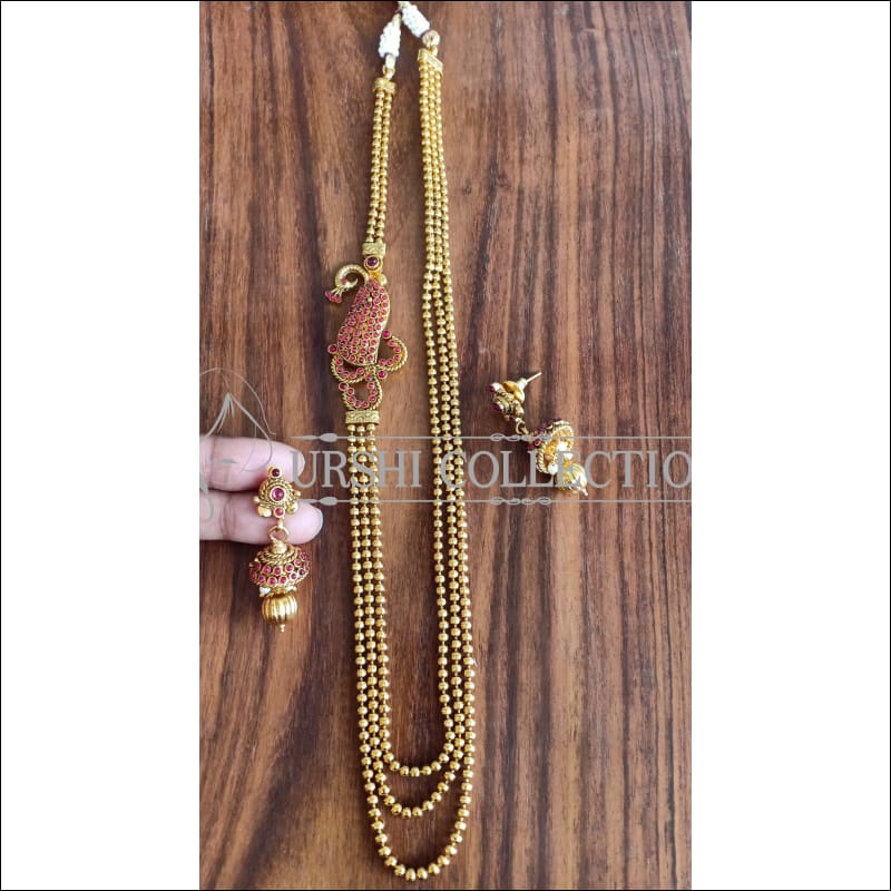 DESIGNER GOLD PLATED MULTY LAYER PEACOCK NECKLACE SET UTV881 - RUBY - Necklace Set