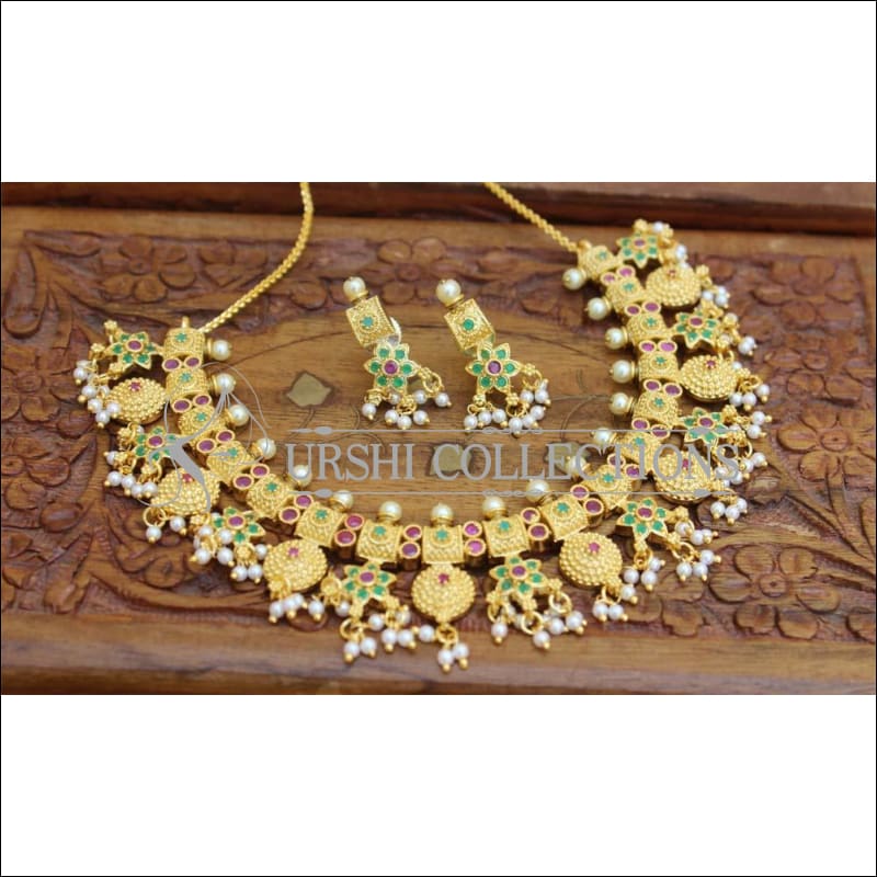 Designer Gold Plated Necklace Set UC-NEW546 - Ruby and Green - Necklace Set