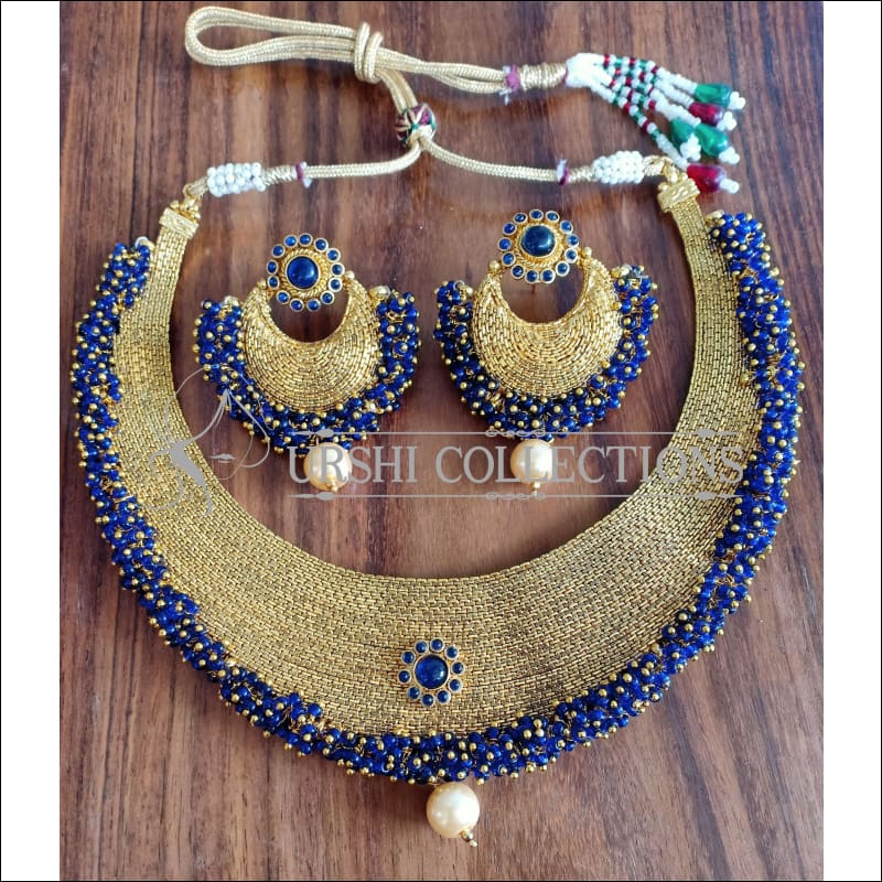 DESIGNER GOLD PLATED NECKLACE SET UTV1160 - BLUE - Necklace Set