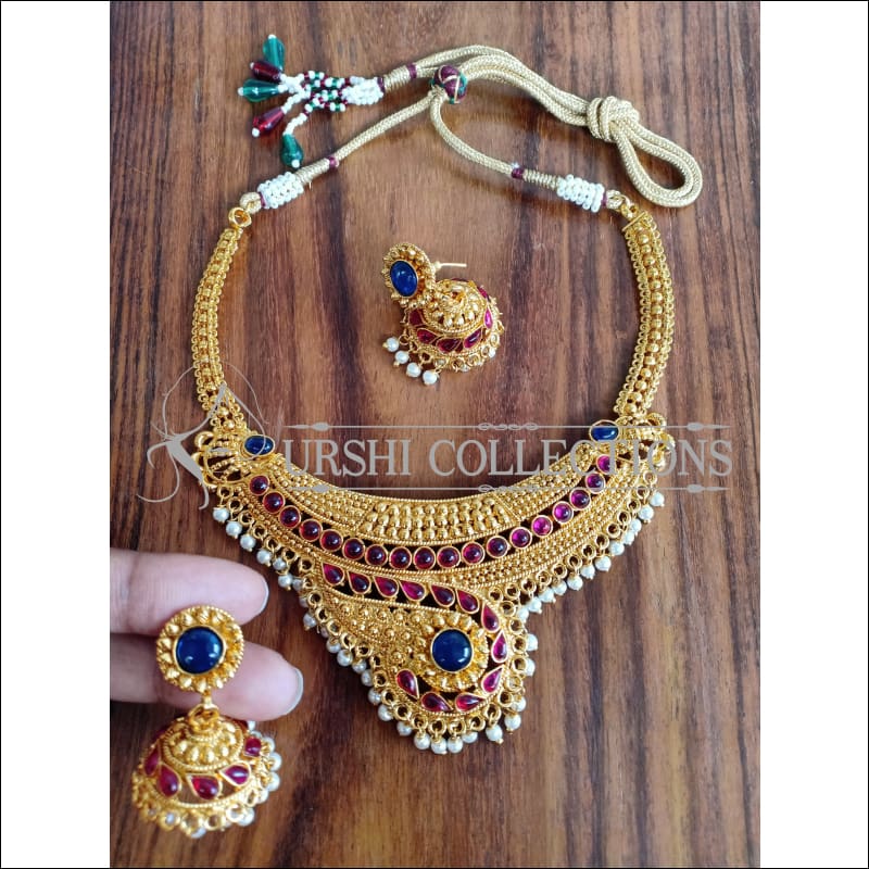 DESIGNER GOLD PLATED NECKLACE SET UTV933 - RUBY &BLUE - Necklace Set