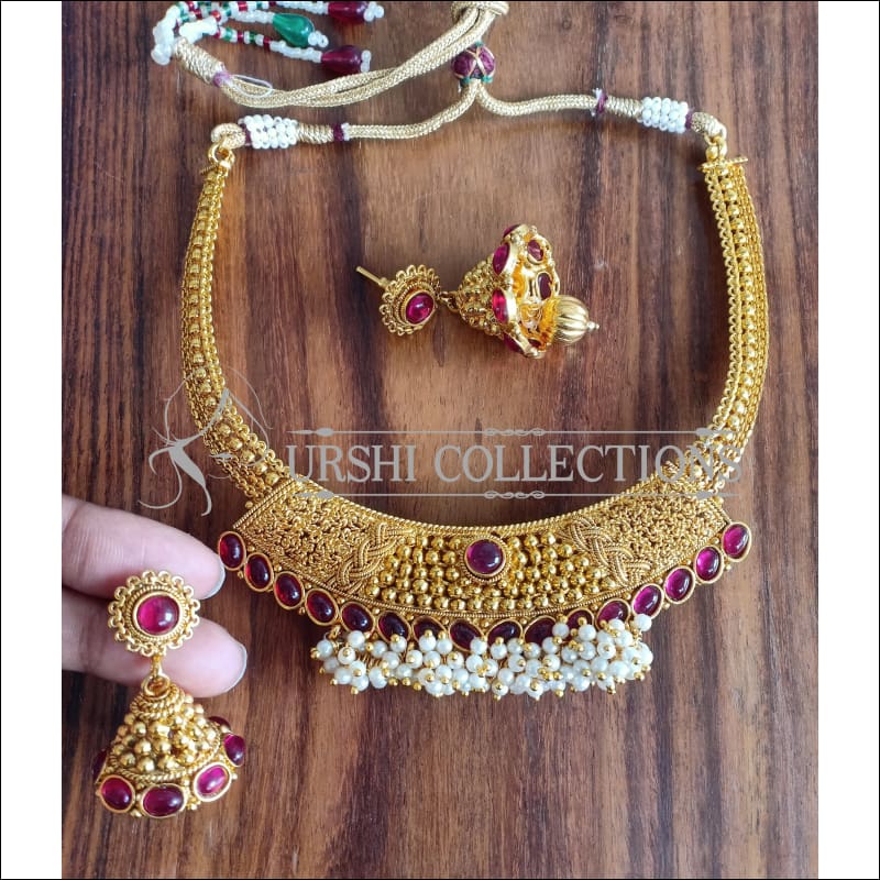 DESIGNER GOLD PLATED NECKLACE SET UTV936 - RUBY - Necklace Set