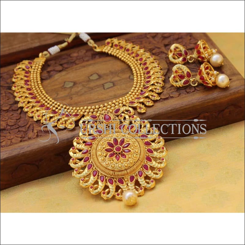 Designer Gold Plated Peacock Necklace Set UC-NEW764 - Red - Necklace Set