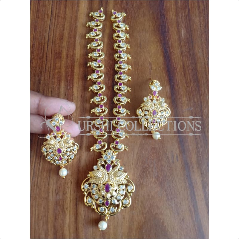 DESIGNER GOLD PLATED PEACOCK NECKLACE SET UTV1203 - RUBY - Necklace Set