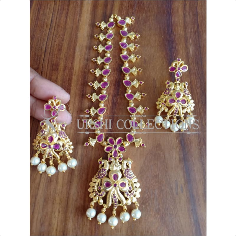 DESIGNER GOLD PLATED PEACOCK NECKLACE SET UTV1207 - RUBY - Necklace Set