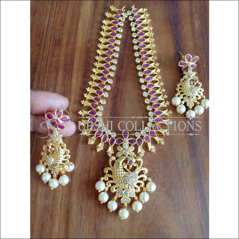 DESIGNER GOLD PLATED PEACOCK NECKLACE SET UTV1211 - RUBY - Necklace Set
