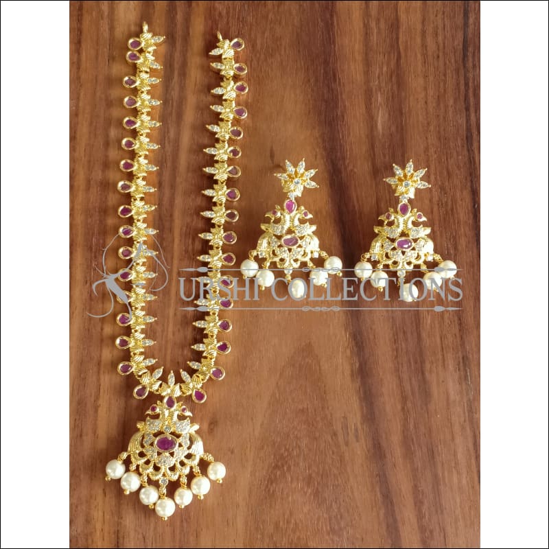 DESIGNER GOLD PLATED PEACOCK NECKLACE SET UTV1227 - RUBY - Necklace Set