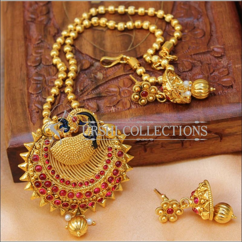 Designer Gold Plated Peacock Pendant Set UC-NEW2699 - Ruby - Pendant Set