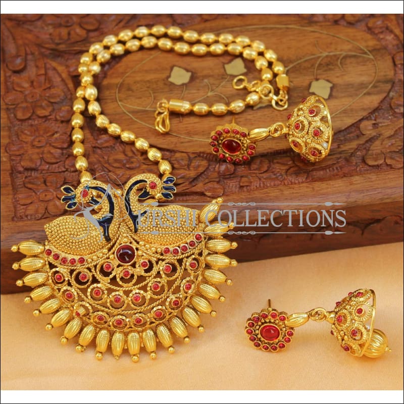 Designer Gold Plated Peacock Pendant Set UC-NEW2722 - Red - Pendant Set