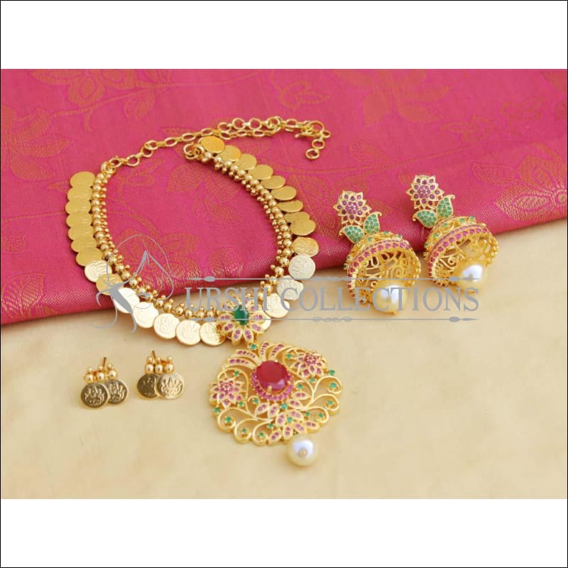 Designer Gold Plated Temple Necklace Set UC-NEW1451 - Ruby & Green - Necklace Set