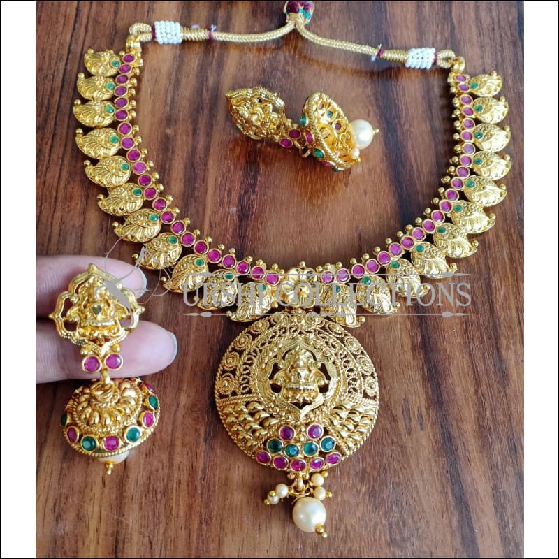DESIGNER GOLD PLATED TEMPLE NECKLACE SET UTV1046 - MULTY - Necklace Set