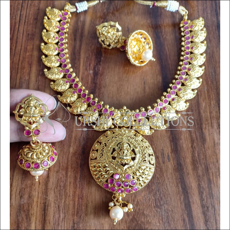 DESIGNER GOLD PLATED TEMPLE NECKLACE SET UTV1046 - RUBY - Necklace Set