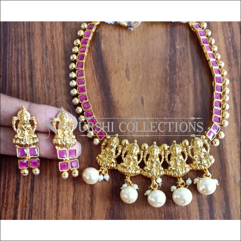 DESIGNER GOLD PLATED TEMPLE NECKLACE SET UTV919 - RUBY - Necklace Set