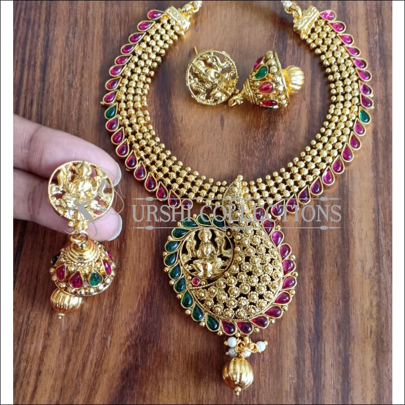 DESIGNER GOLD PLATED TEMPLE NECKLACE SET UTV921 - MULTY - Necklace set