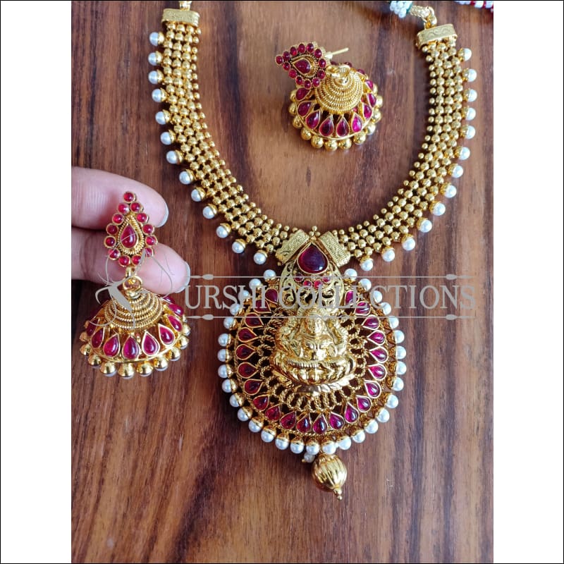 DESIGNER GOLD PLATED TEMPLE NECKLACE SET UTV966 - RUBY - Necklace Set