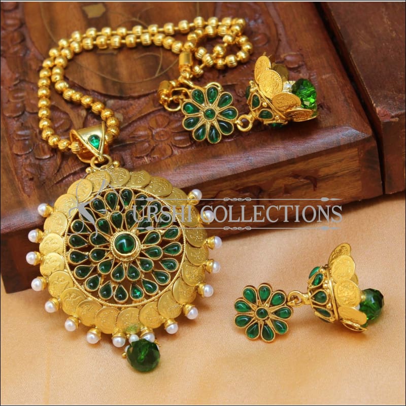 Designer Gold Plated Temple Pendant Set UC-NEW2669 - Green - Pendant Set