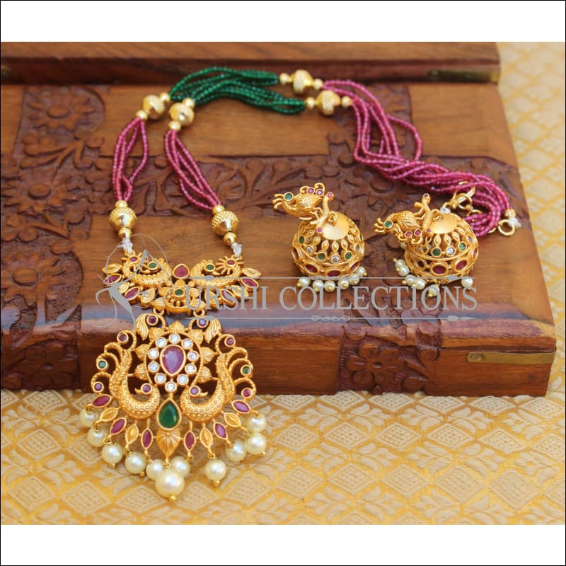 DESIGNER MATTE FINISH BEADS PEACOCK NECKLACE SET UTV866 - Necklace Set