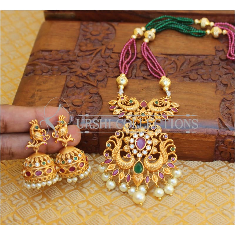 DESIGNER MATTE FINISH BEADS PEACOCK NECKLACE SET UTV866 - Necklace Set