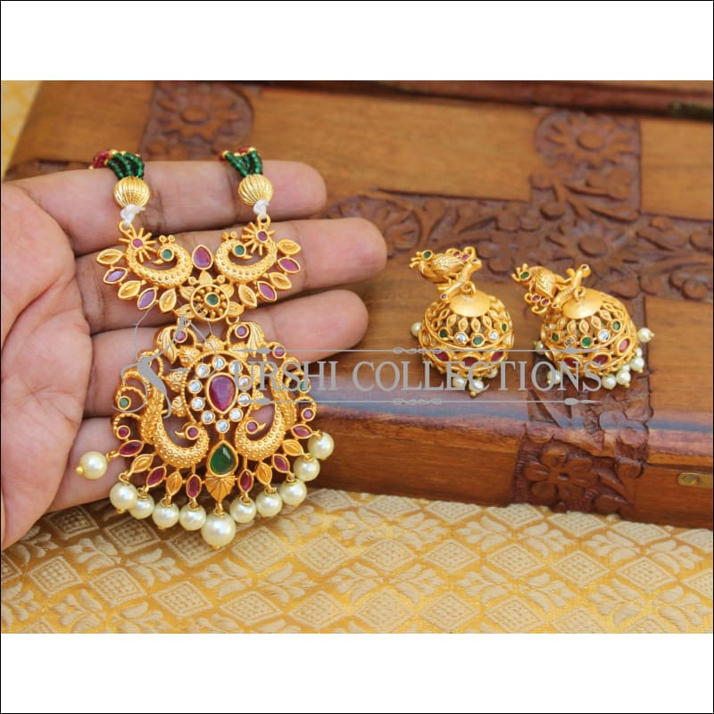 DESIGNER MATTE FINISH BEADS PEACOCK NECKLACE SET UTV867 - Necklace Set