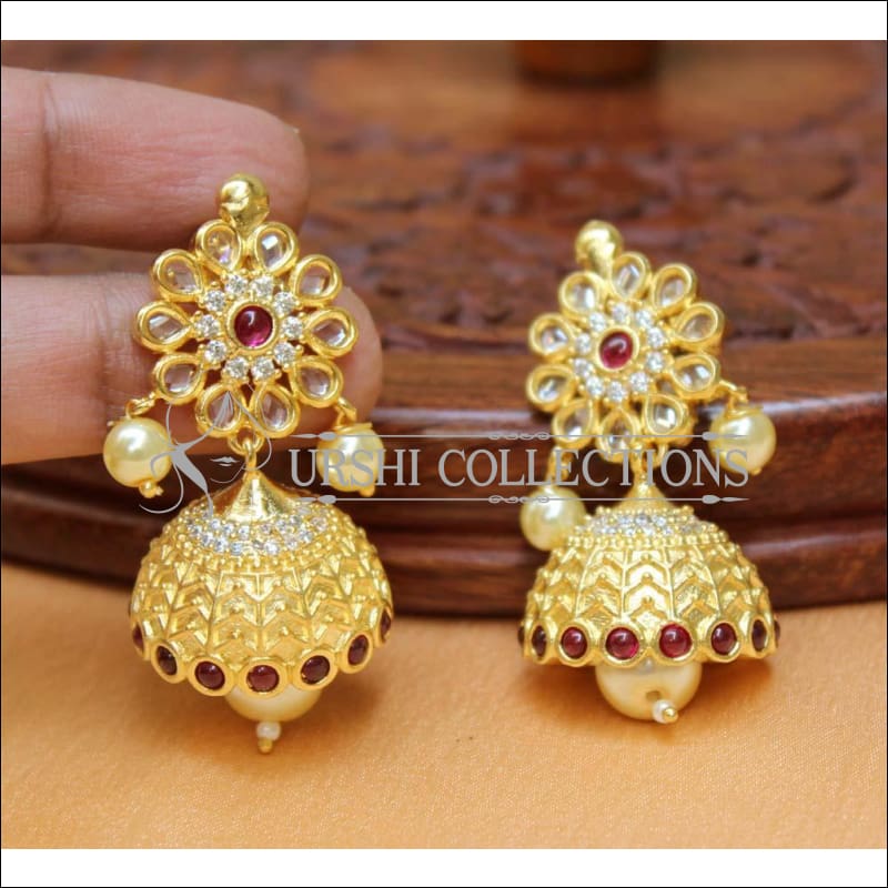 Designer Matte Finish CZ Earrings Set UC-NEW2256 - White&Red - Earrings