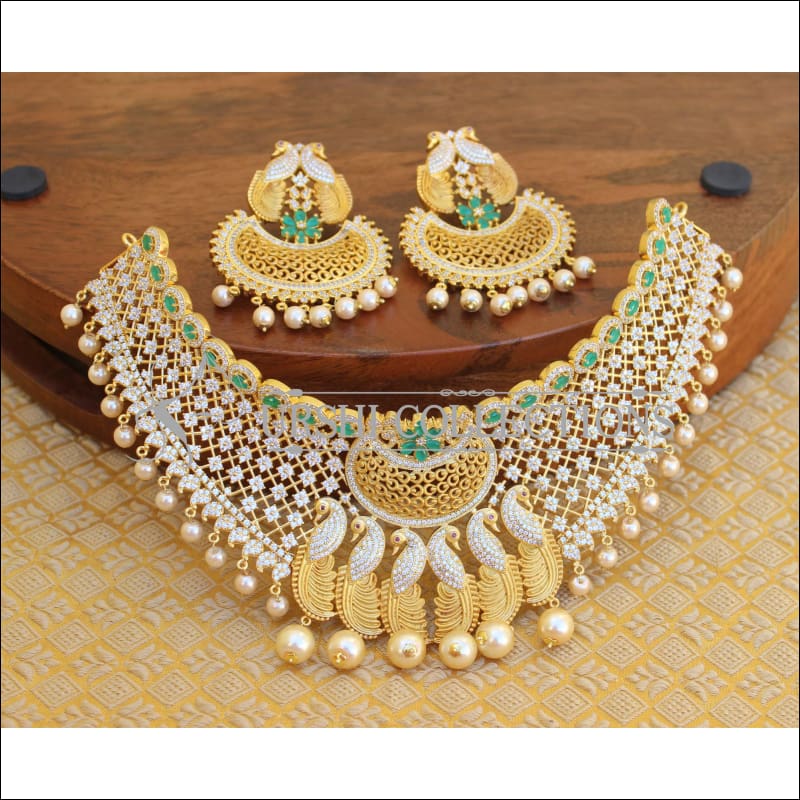 DESIGNER MATTE FINISH CZ PEACOCK NECKLACE SET UTV394 - GREEN - Necklace Set