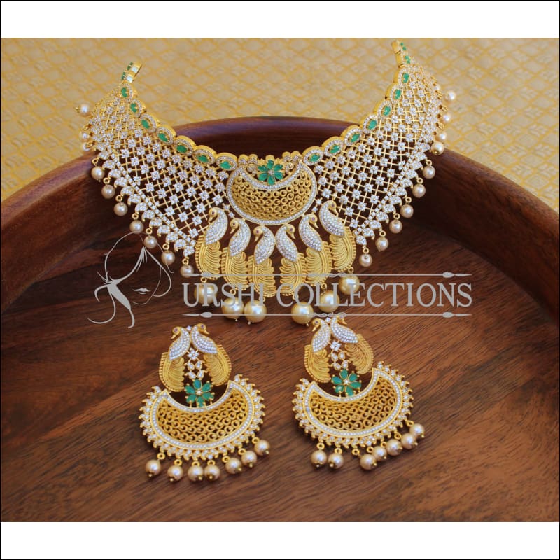 DESIGNER MATTE FINISH CZ PEACOCK NECKLACE SET UTV394 - Necklace Set