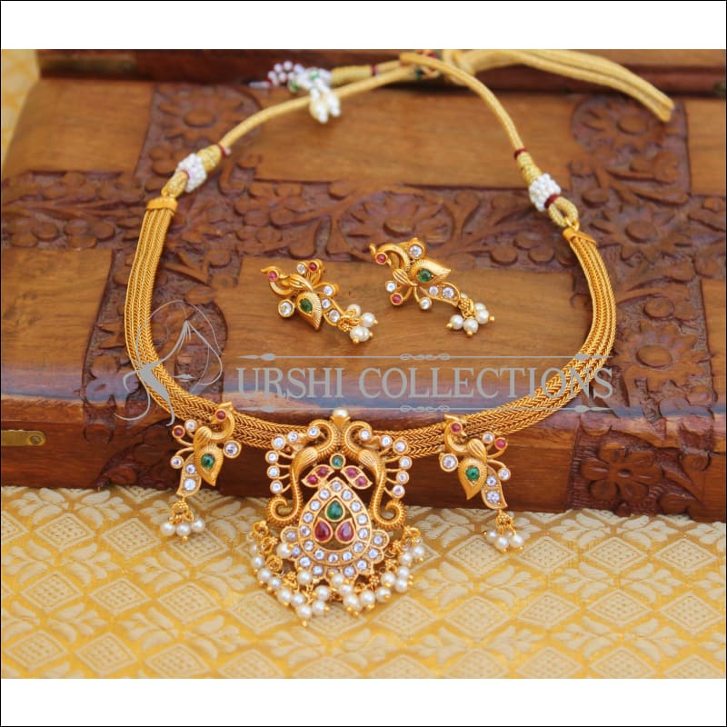 DESIGNER MATTE FINISH CZ PEACOCK NECKLACE SET UTV661 - MULTY - Necklace Set