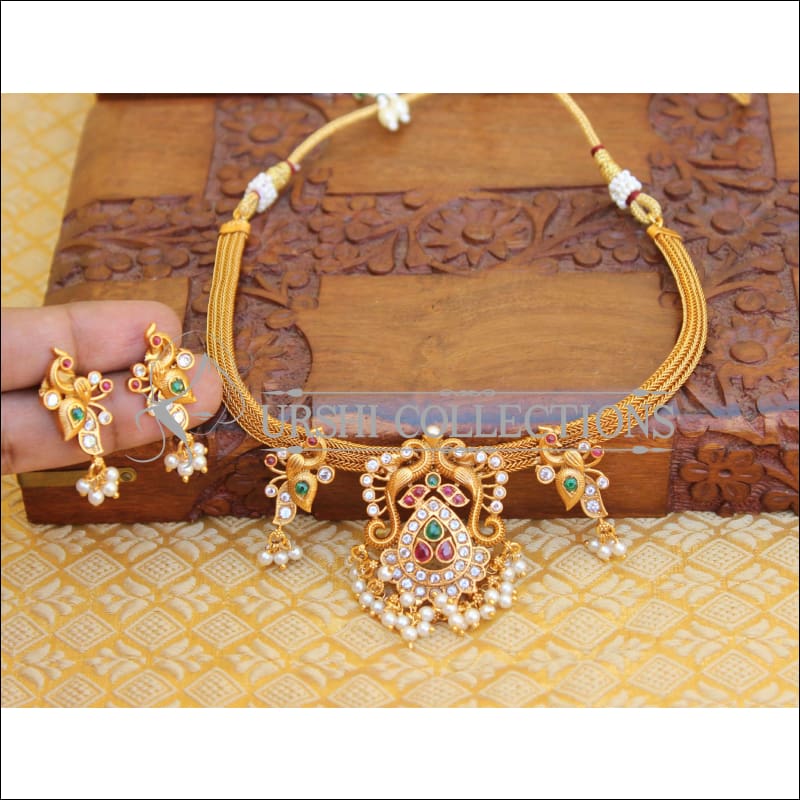 DESIGNER MATTE FINISH CZ PEACOCK NECKLACE SET UTV661 - Necklace Set