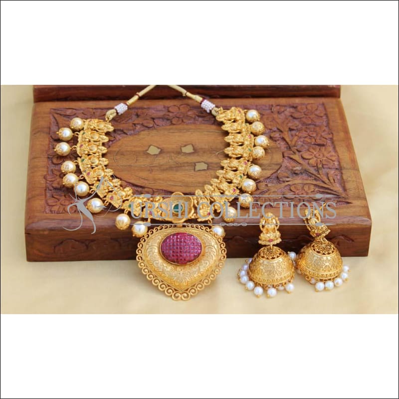 Designer Matte Finish Lakshmi Necklace Set UC-NEW353 - Ruby and Green - Necklace Set