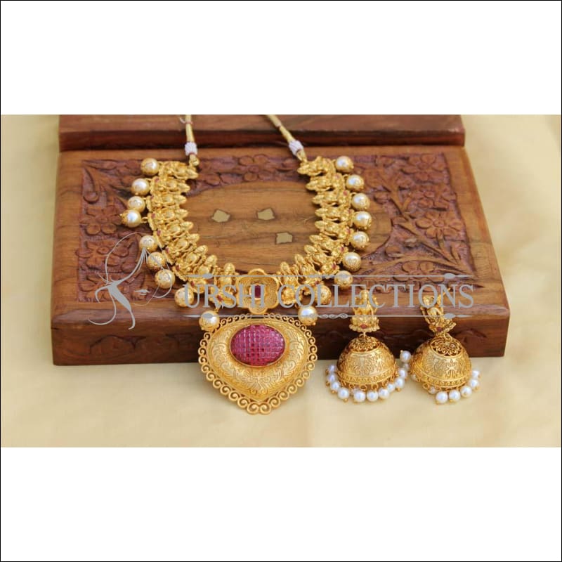 Designer Matte Finish Lakshmi Necklace Set UC-NEW353 - Ruby - Necklace Set