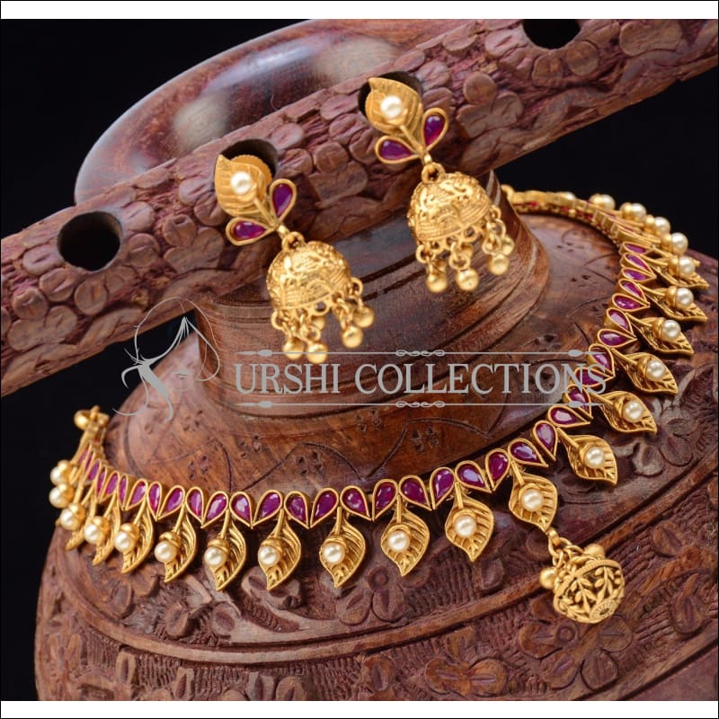 Designer Matte Finish Leaf Necklace Set UC-NEW176 - Red - Necklace Set