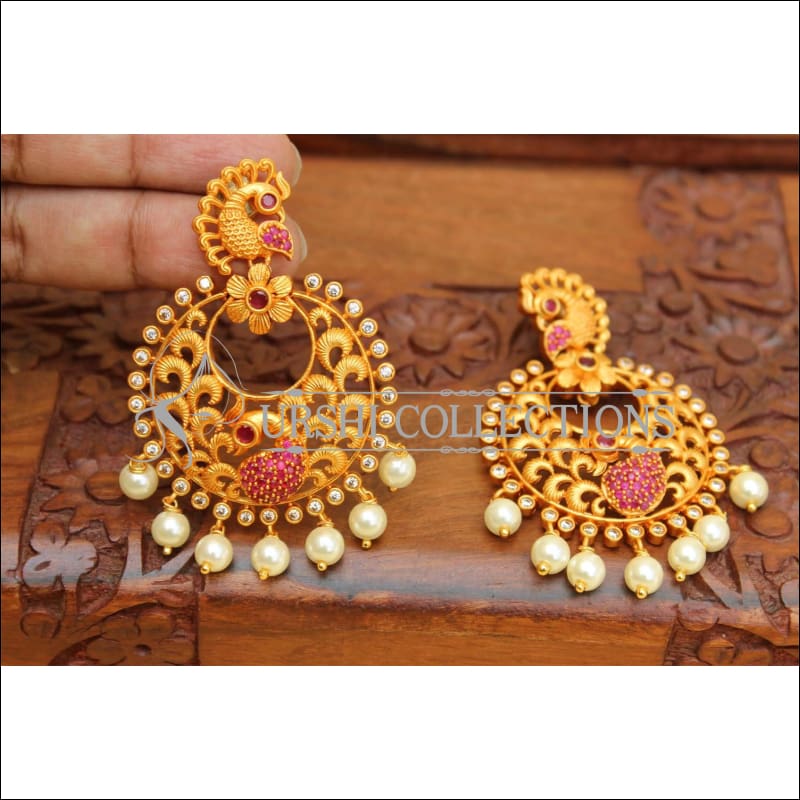 Designer Matte Finish Peacock Earrings Set UC-NEW2188 - White&Ruby - Earrings