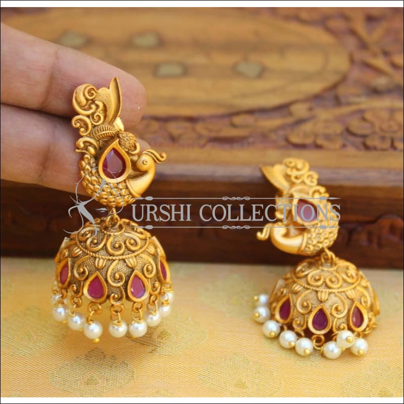Designer Matte Finish Peacock Earrings Set UC-NEW2217 - Red - Earrings