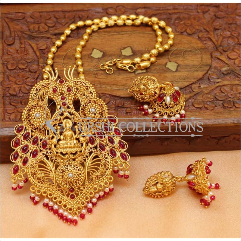 Designer Matte Finish Peacock Lakshmi Pendabt Set UC-NEW1982 - White - Pendant Set